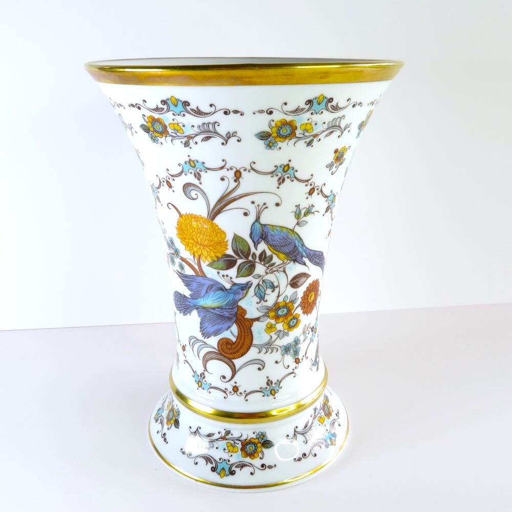 Vintage Royal Porzellan Bavaria KPM Peacock Gilt Trumpet Vase German Chinoiserie